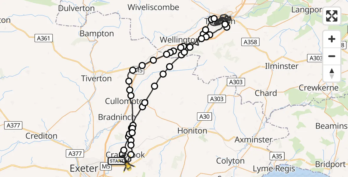 Flight path map showing Police Helicopter route from Exeter International Airport to Rockbeare