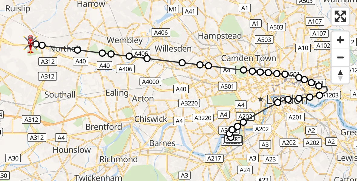 Flight path map showing Air Ambulance Helicopter route from Battersea to RAF Northolt