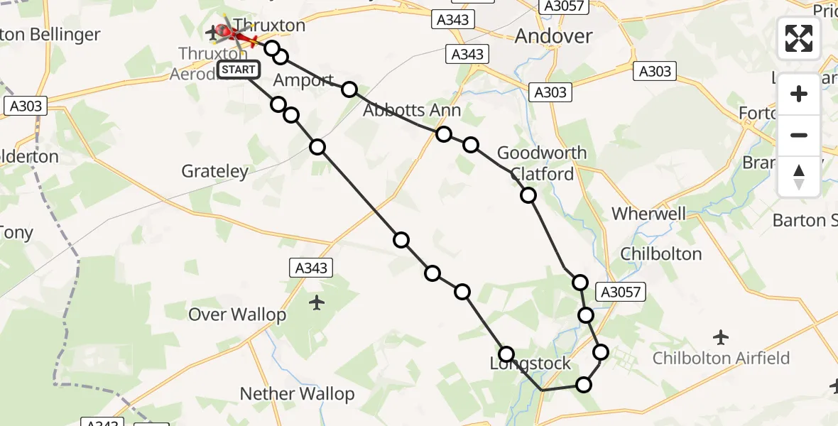 Flight path map showing Air Ambulance Helicopter route from Thruxton to Thruxton Aerodrome