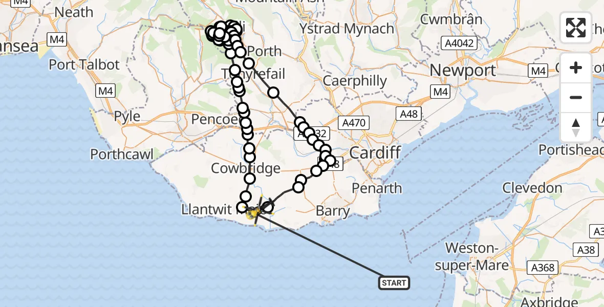 Flight path map showing Police Helicopter route from Bristol Channel to MOD St Athan