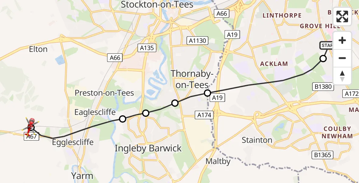 Flight path map showing Air Ambulance Helicopter route from James Cook University Hospital to Egglescliffe