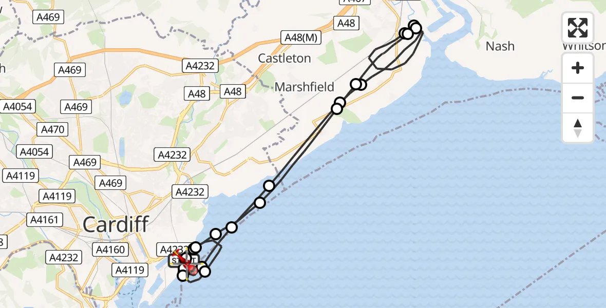 Flight path map showing Air Ambulance Helicopter route from Cardiff Heliport to Cardiff Heliport