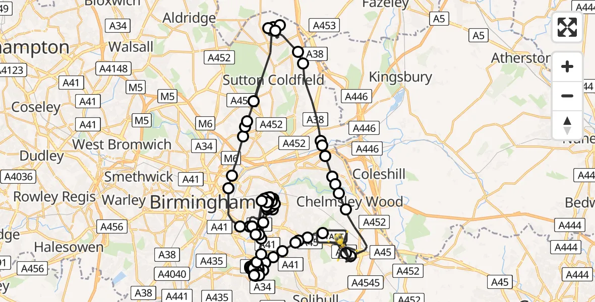 Flight path map showing Police Helicopter route from Birmingham Airport to Birmingham Airport