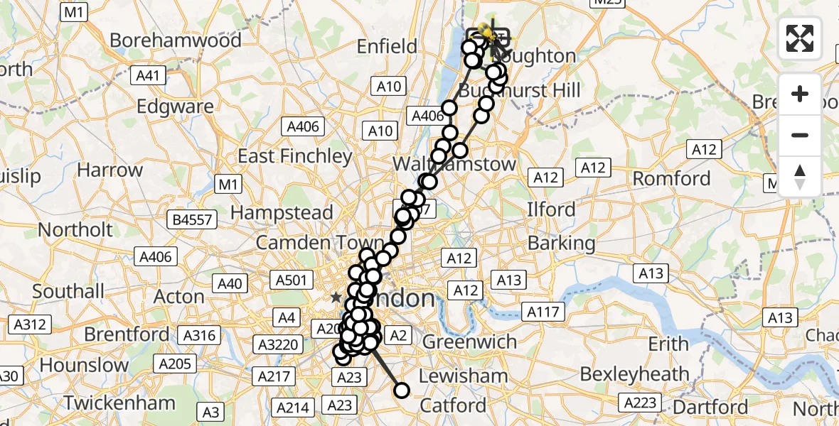 Flight path map showing Police Helicopter route from Metropolitan Police Air Support Unit Lippitts Hill to Sewardstonebury