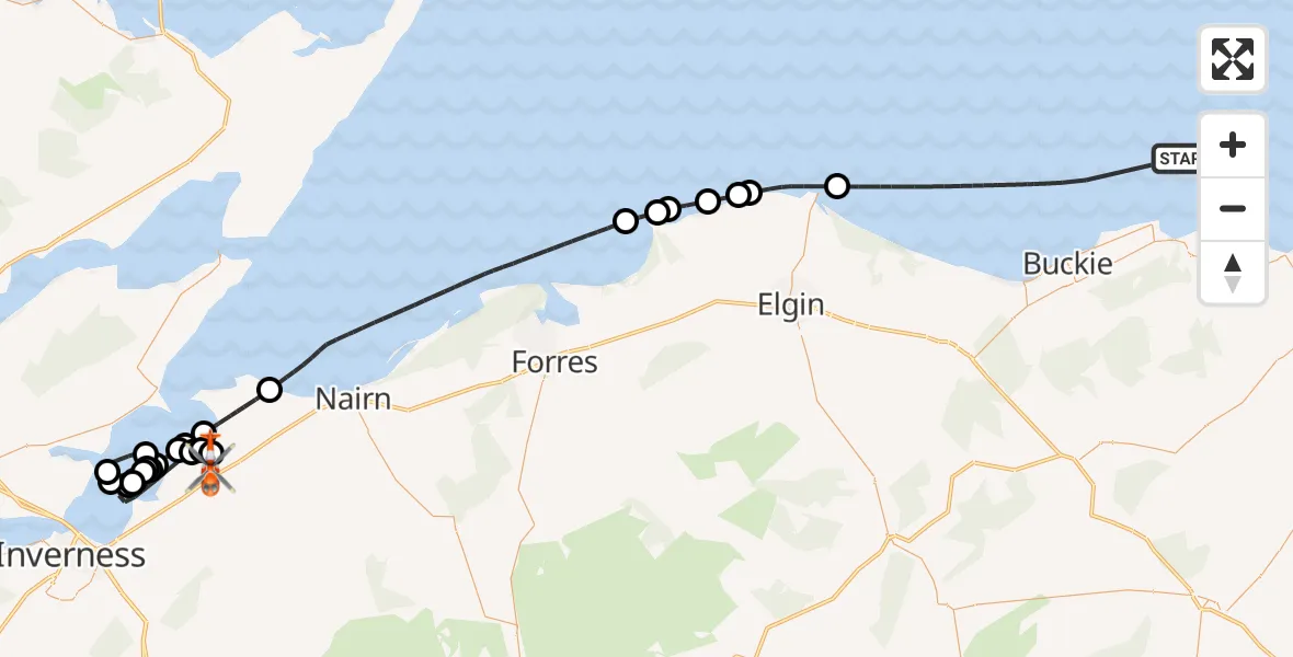 Flight path map showing Coastguard Helicopter route from North Sea to Inverness Airport