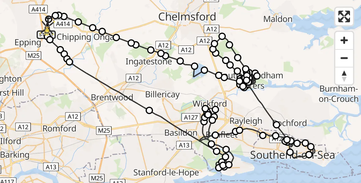 Flight path map showing Police Helicopter route from North Weald Airfield to North Weald Airfield
