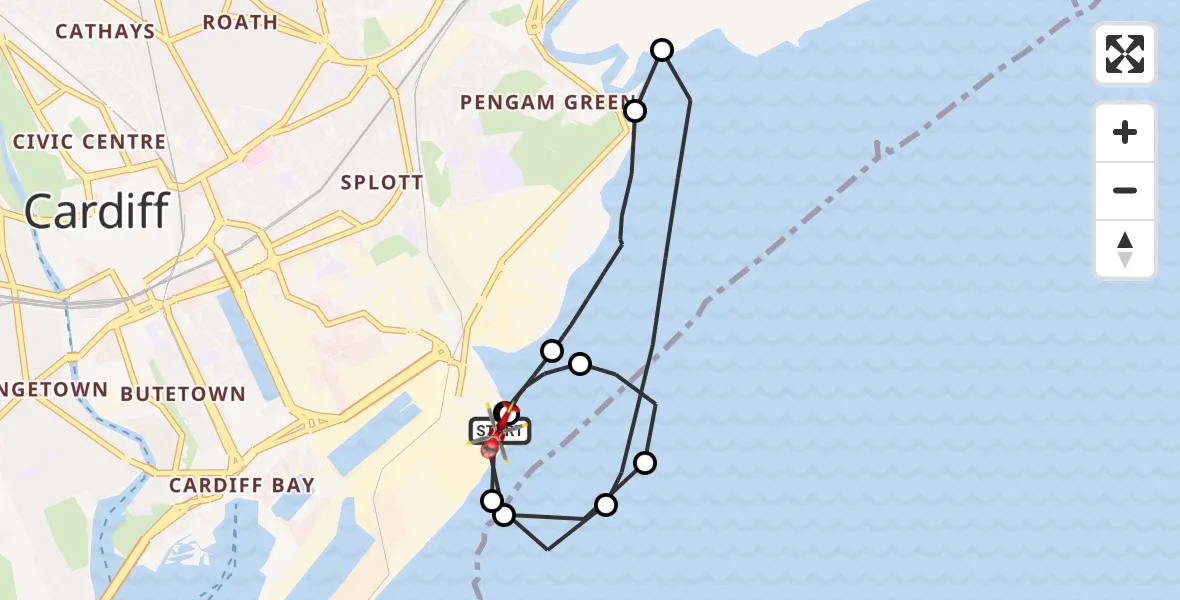 Flight path map showing Air Ambulance Helicopter route from Cardiff Heliport to Cardiff Heliport