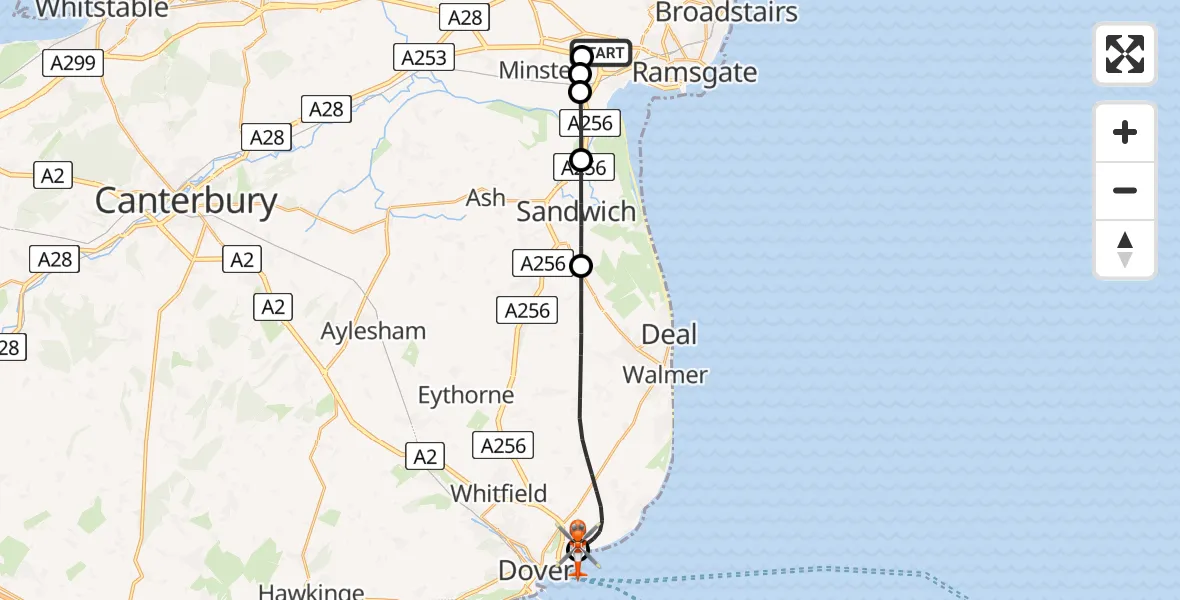 Flight path map showing Coastguard Helicopter route from Manston Airport to Langdon Battery Heliport