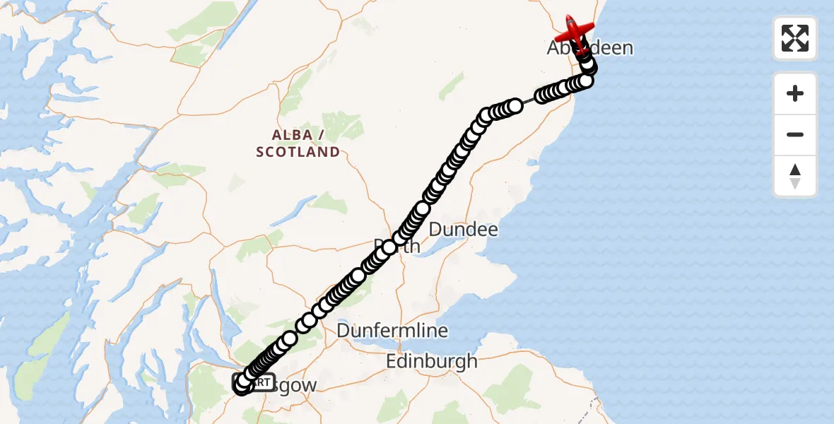 Flight path map showing Air Ambulance Aircraft route from Glasgow Airport to Aberdeen International Airport