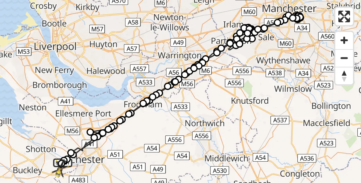 Flight path map showing Police Helicopter route from Hawarden Airport to Hawarden Airport
