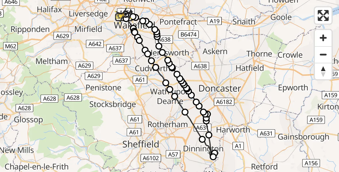 Flight path map showing Police Helicopter route from Wrenthorpe to East Ardsley