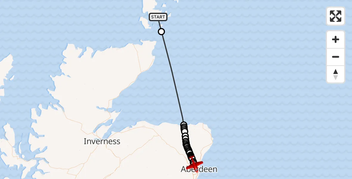 Flight path map showing Air Ambulance Aircraft route from North Atlantic Ocean to Aberdeen International Airport