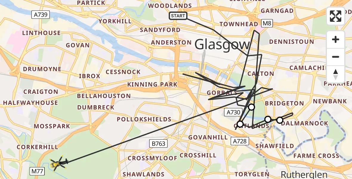 Flight path map showing Police Helicopter route from Glasgow to Glasgow