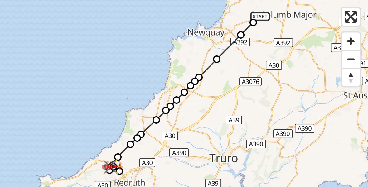 Flight path map showing Air Ambulance Helicopter route from Cornwall Airport Newquay to Portreath