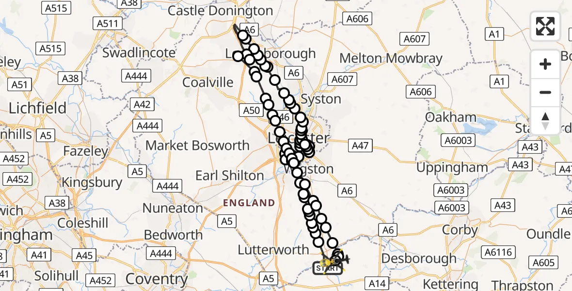 Flight path map showing Police Helicopter route from Husbands Bosworth to Harborough