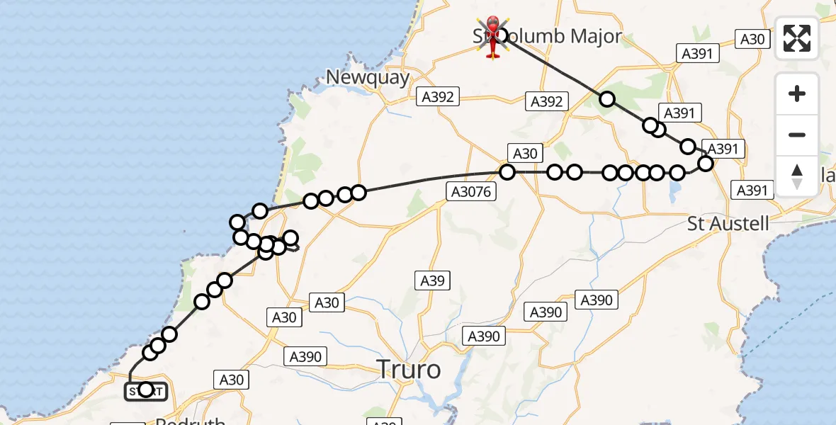 Flight path map showing Air Ambulance Helicopter route from Illogan to Cornwall Airport Newquay