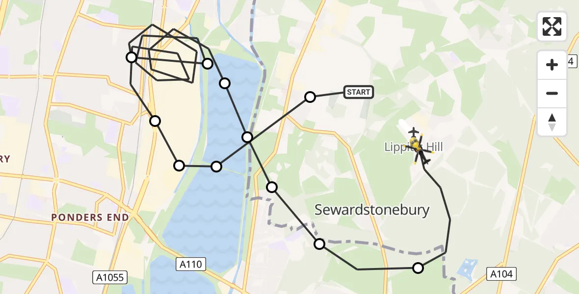 Flight path map showing Police Helicopter route from Sewardstonebury to Sewardstonebury