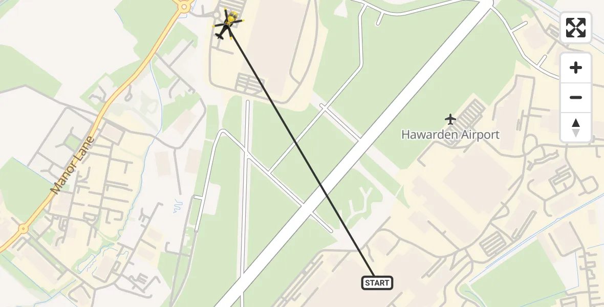 Flight path map showing Police Helicopter route from Hawarden Airport to Broughton