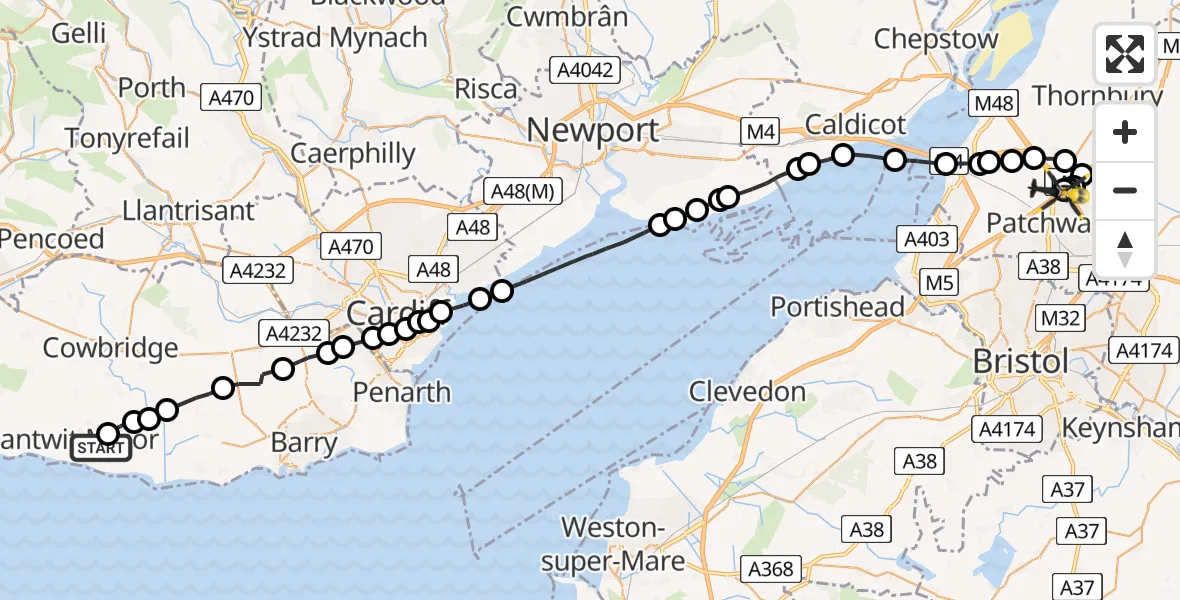 Flight path map showing Police Helicopter route from Boverton to Almondsbury Helicopter Base
