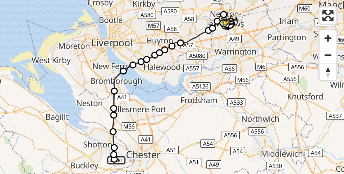 Flight path map showing Police Helicopter route from Hawarden Airport to Newton-le-Willows