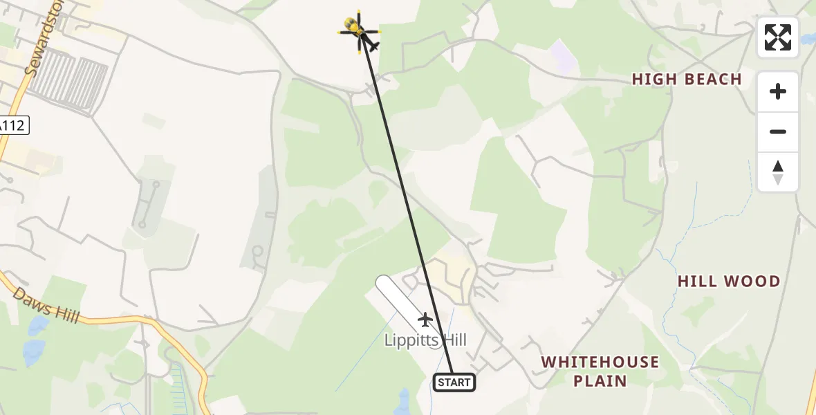 Flight path map showing Police Helicopter route from Metropolitan Police Air Support Unit Lippitts Hill to Epping Forest