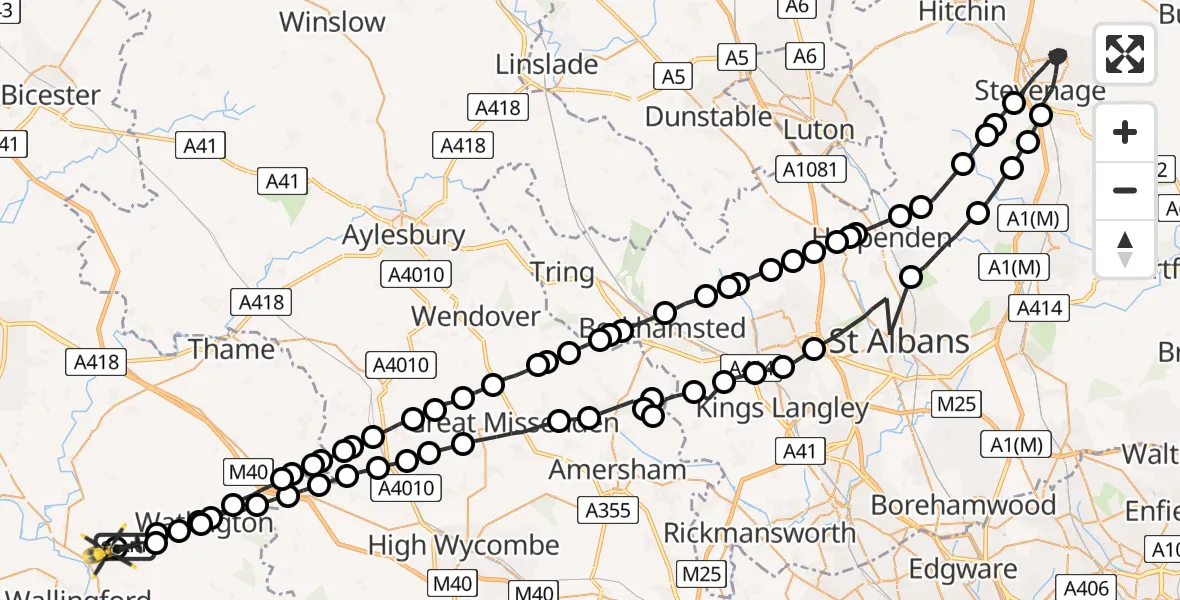 Flight path map showing Police Helicopter route from Ewelme to Benson