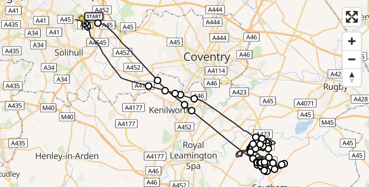 Flight path map showing Police Helicopter route from Birmingham Airport to Solihull