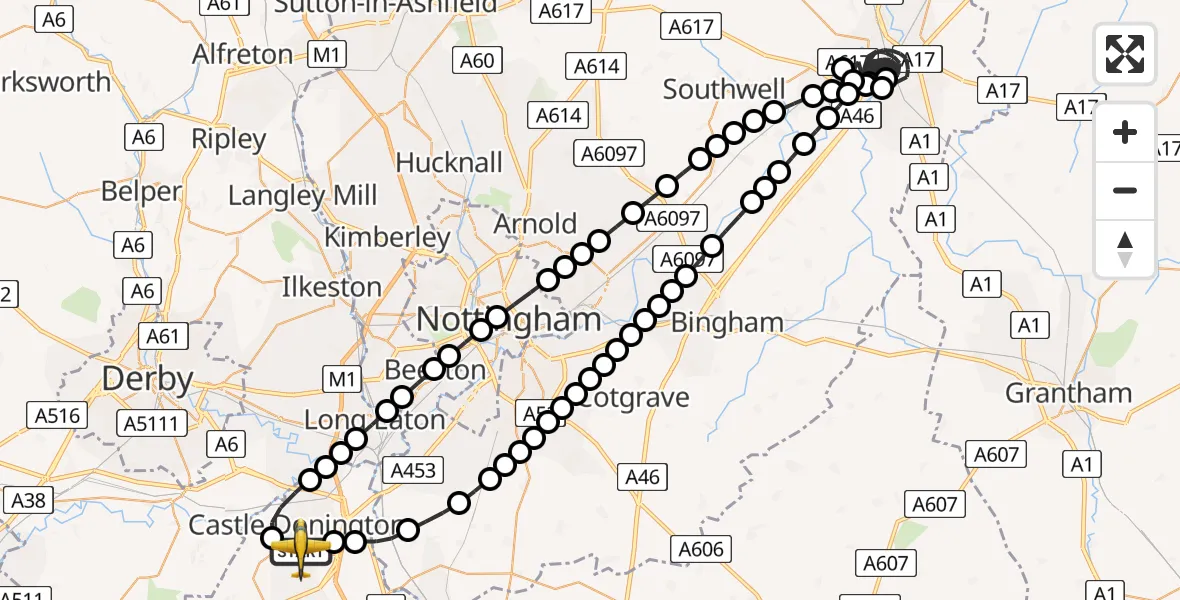 Flight path map showing Police Aircraft route from East Midlands Airport to East Midlands Airport