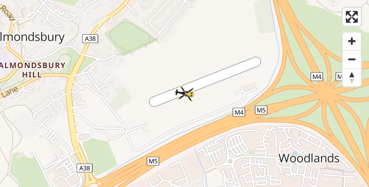 Flight path map showing Police Helicopter route from Almondsbury Helicopter Base to Almondsbury Helicopter Base