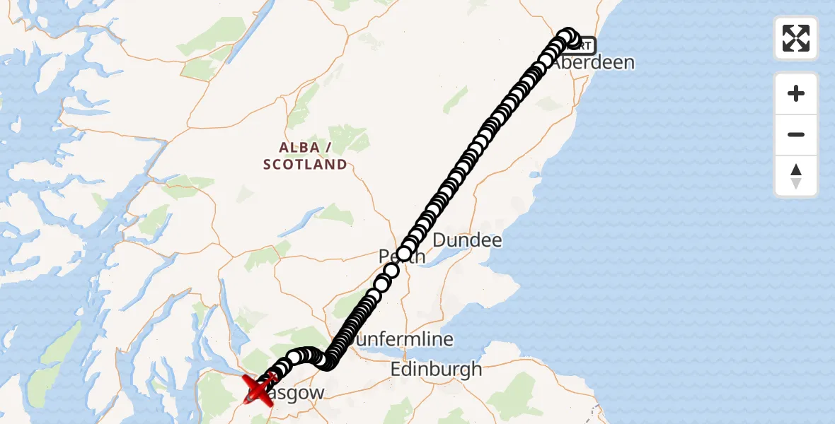 Flight path map showing Air Ambulance Aircraft route from Aberdeen International Airport to Glasgow Airport