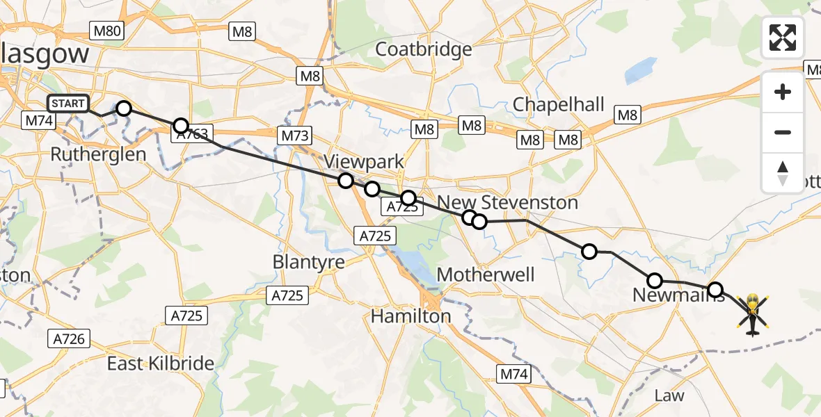 Flight path map showing Police Helicopter route from Glasgow to Bonkle
