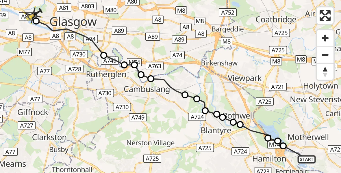 Flight path map showing Police Helicopter route from Motherwell to Glasgow