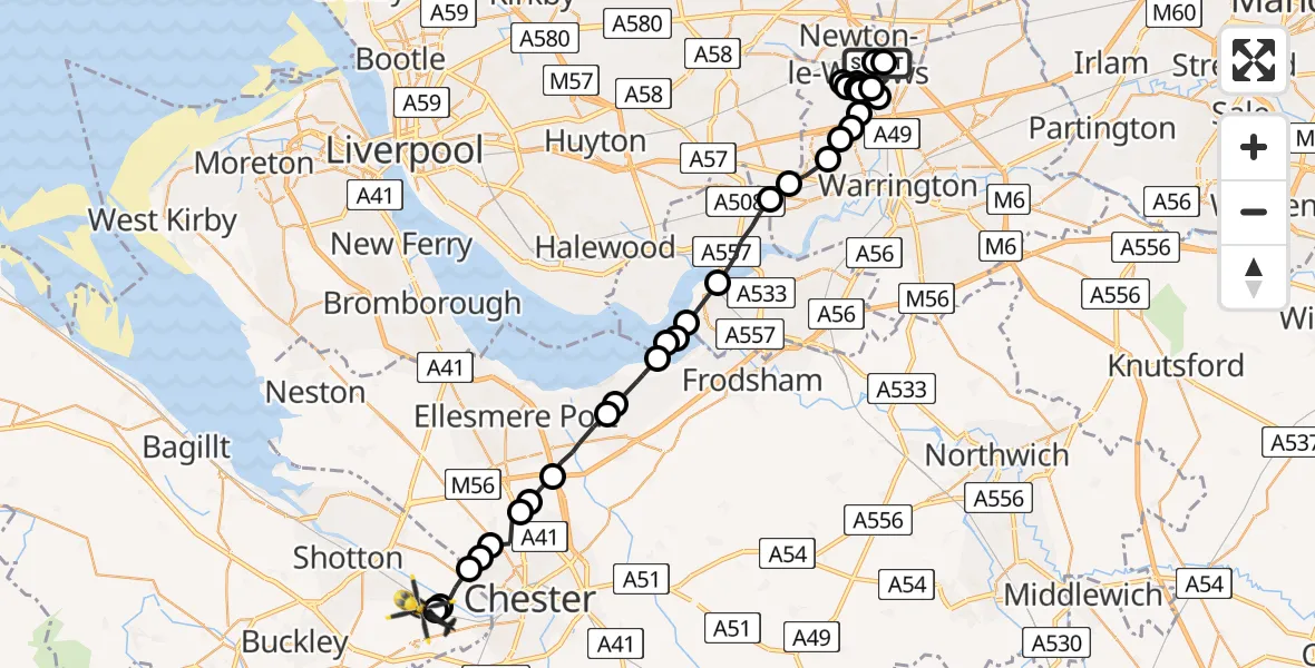 Flight path map showing Police Helicopter route from Newton-le-Willows to Hawarden Airport
