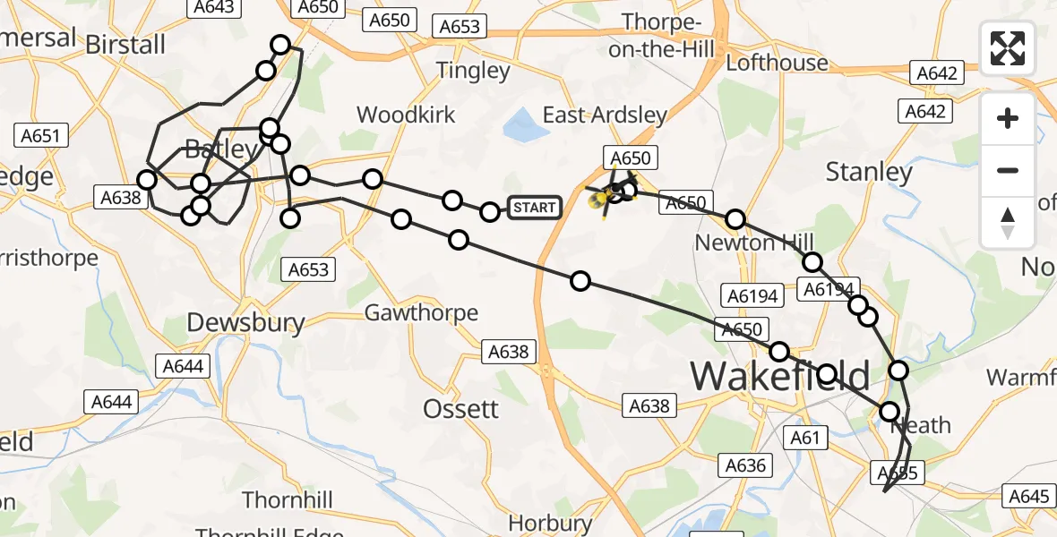 Flight path map showing Police Helicopter route from Woodkirk to East Ardsley