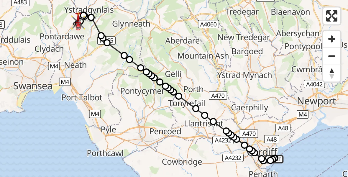 Flight path map showing Air Ambulance Helicopter route from Cardiff Heliport to Ystalyfera
