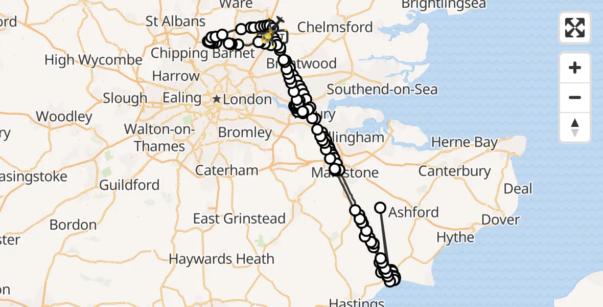 Flight route Police Helicopter Coopersale - North Weald Airfield, 09 April 2026, 23:04