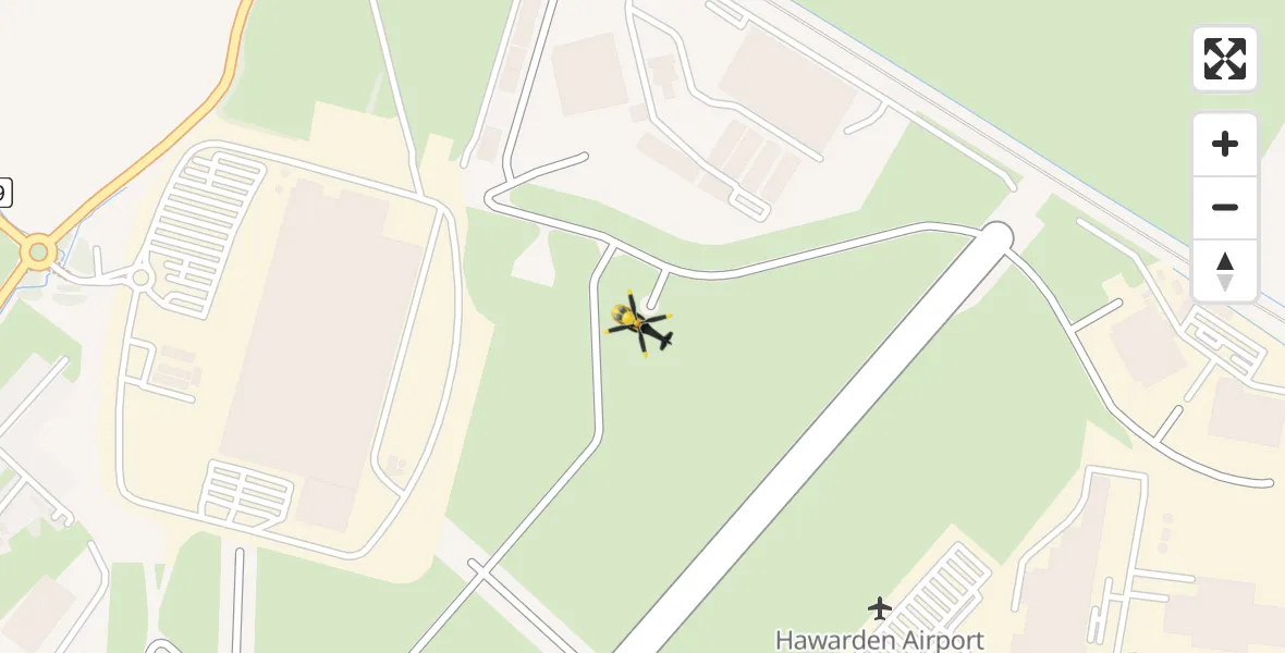 Flight path map showing Police Helicopter route from Hawarden Airport to Hawarden Airport