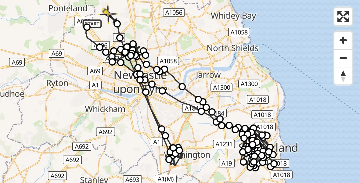 Flight path map showing Police Helicopter route from Newcastle International Airport to Dinnington