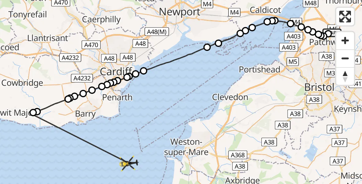 Flight path map showing Police Helicopter route from Almondsbury Helicopter Base to Bristol Channel