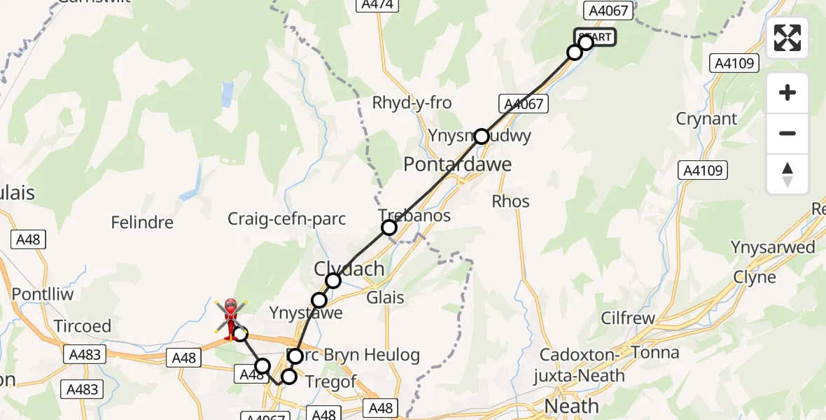 Flight path map showing Air Ambulance Helicopter route from Ystalyfera to Morriston Hospital Helipad