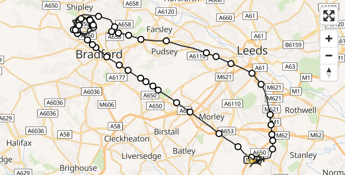 Flight path map showing Police Helicopter route from East Ardsley to Wrenthorpe