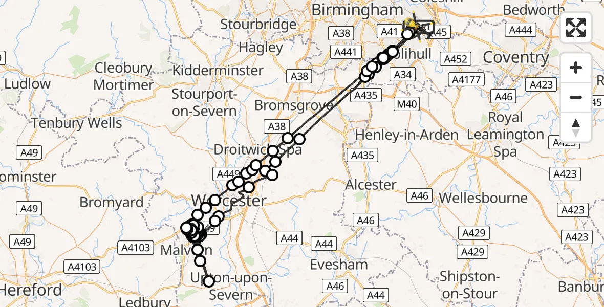 Flight path map showing Police Helicopter route from Birmingham Airport to Birmingham Airport