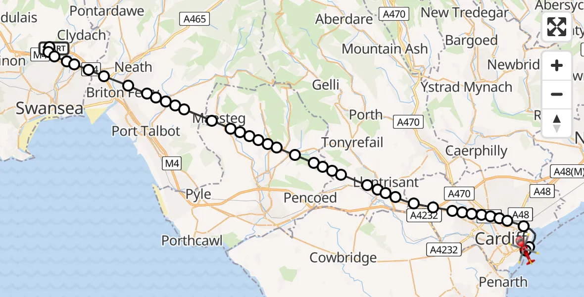 Flight path map showing Air Ambulance Helicopter route from Morriston Hospital Helipad to Cardiff Heliport
