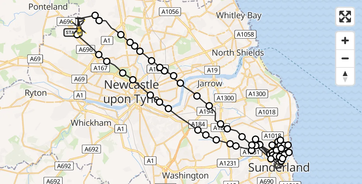 Flight path map showing Police Helicopter route from Newcastle International Airport to Woolsington