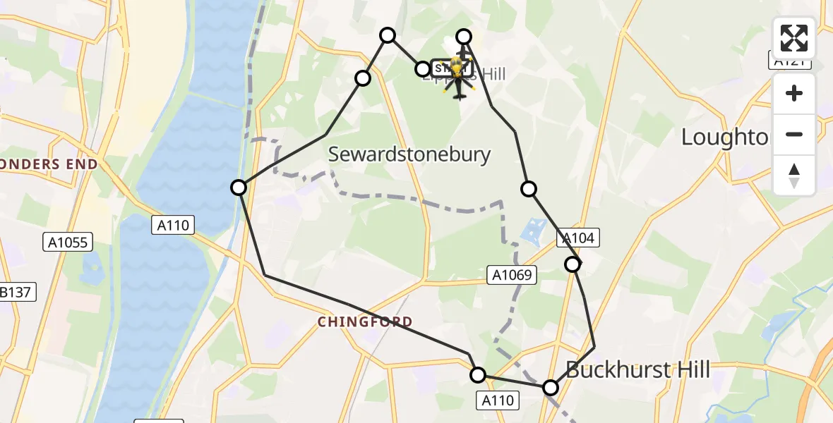 Flight path map showing Police Helicopter route from Metropolitan Police Air Support Unit Lippitts Hill to Sewardstonebury