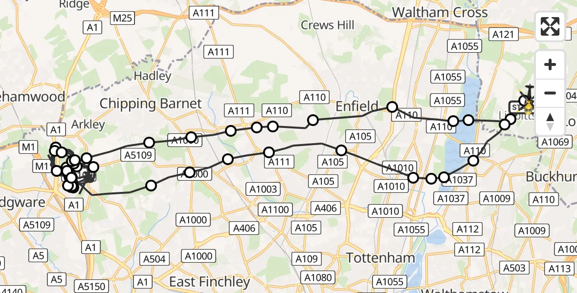 Flight path map showing Police Helicopter route from Metropolitan Police Air Support Unit Lippitts Hill to Metropolitan Police Air Support Unit Lippitts Hill