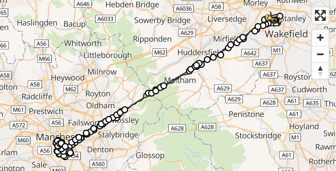 Flight path map showing Police Helicopter route from East Ardsley to Wrenthorpe