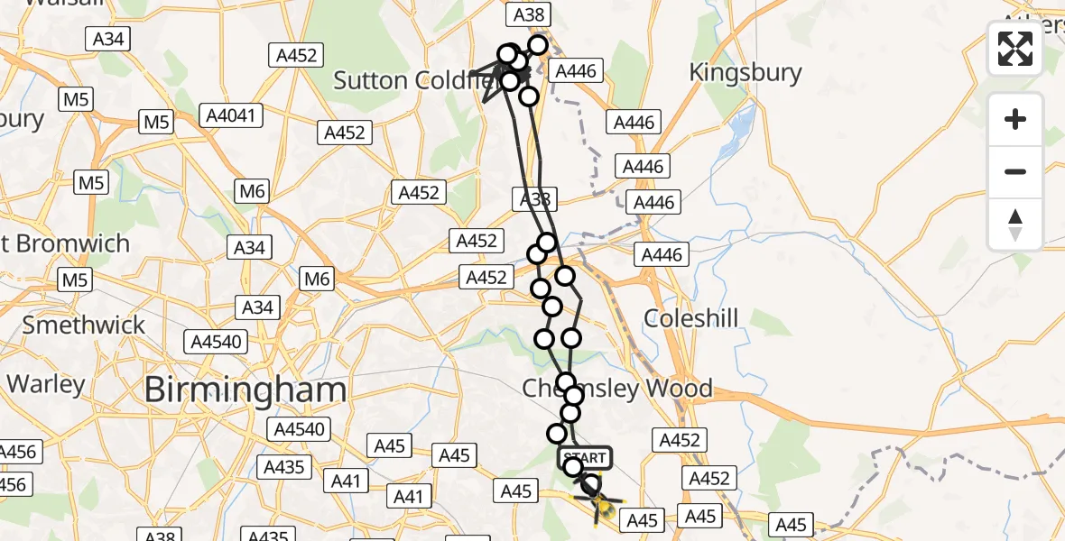 Flight path map showing Police Helicopter route from Birmingham Airport to Birmingham Airport