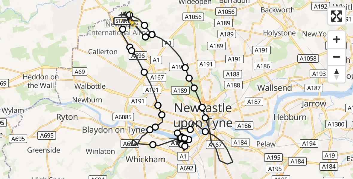 Flight path map showing Police Helicopter route from Newcastle International Airport to Newcastle International Airport