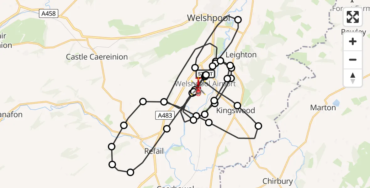 Flight path map showing Air Ambulance Helicopter route from Welshpool Airport to Welshpool Airport